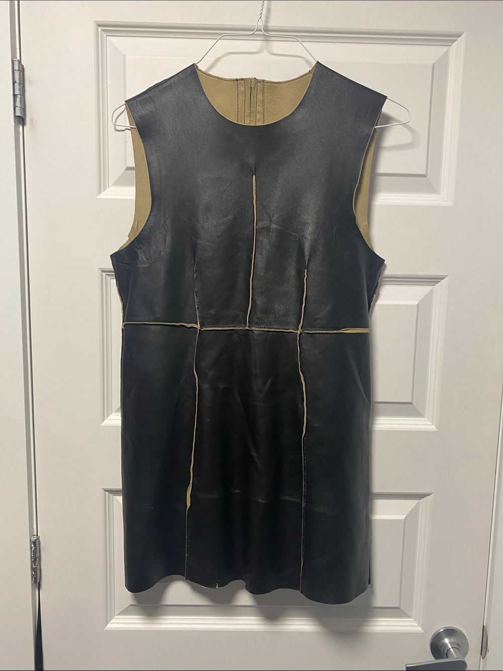 With pockets ! Sleeveless Black Leather Mini Dress with Tan Contrast
